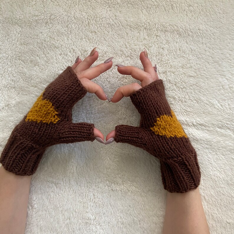 Valentines Day Gift For Girlfriend, Brown Knit Heart Gloves, For Mom Heart Glove, Winter Mitten Love Glove, Driving Fingerless Hand Warmers, image 3