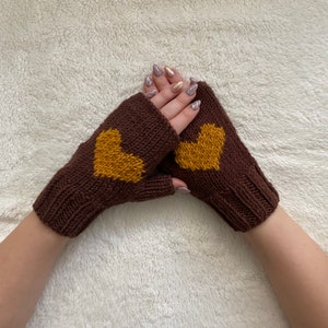 Valentines Day Gift For Girlfriend, Brown Knit Heart Gloves, For Mom Heart Glove, Winter Mitten Love Glove, Driving Fingerless Hand Warmers, image 1