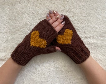 Valentines Day Gift For Girlfriend, Brown Knit Heart Gloves, For Mom Heart Glove, Winter Mitten Love Glove, Driving Fingerless Hand Warmers,