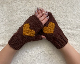 Cadeau Saint Valentin pour petite amie, Gants coeur en tricot marron, Gant coeur pour maman, Gant Love Mitten d'hiver, Mitaines chauffe-mains Driving,