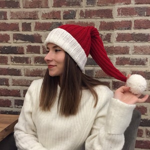 Christmas Red Hat, Santa Claus Adult Hat, Christmas Gloves Women, Christmas Long Tail Cap, Elf Hat with Pompom, Long Beanie, Winter Beanie