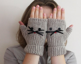 Beige Cat Gloves, Knit Winter Gloves, Driving Gloves Women, Women Texting Mittens, Knit Cat Accessories, Wrist Warmers, Warm Cozy Mittens