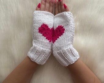 Popular Knit White Gloves, Valentines Day Gift Heart Gloves, 2024 Fashion Gloves, Winter Date Outfit, Bright Pink Accessories,Hand Wool Warm