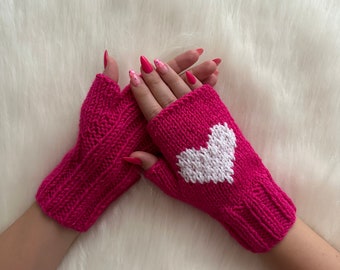 Pink Heart Gift For Girlfriend, 2024  Valentines Day Heart Gloves, Best Handmade Gift Her, Winter Mittens, Driving Fingerless Gloves