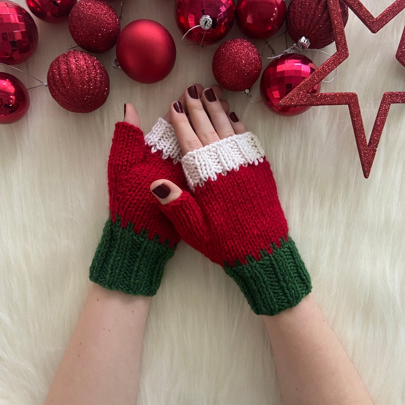 Christmas Gloves, Santa Claus Gloves, New Years Gift, Driving Fingerless Gloves, Winter Knit Mitten, Texting Red Glove, Women Hand Cuff, image 8