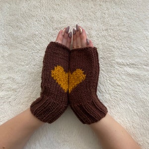 Valentines Day Gift For Girlfriend, Brown Knit Heart Gloves, For Mom Heart Glove, Winter Mitten Love Glove, Driving Fingerless Hand Warmers, image 2