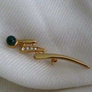 Sleek Vintage Gold Tone Abstract Lightning Bold Pizzazz Malachite and Cubic Zirconia Brooch Pin image 3