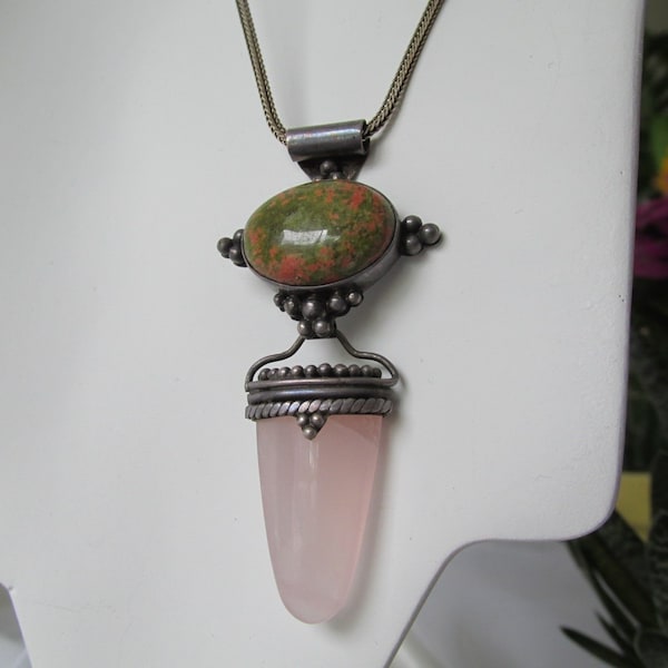 Unique Rose Quartz Unakite Sterling Silver Sajen Pendant, Foxtail Chain Necklace