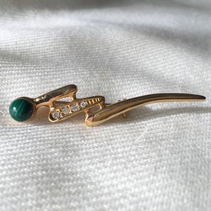 Sleek Vintage Gold Tone Abstract Lightning Bold Pizzazz Malachite and Cubic Zirconia Brooch Pin image 1