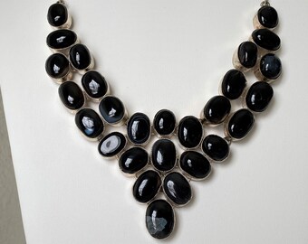 Huge Tantalizing Hand Crafted Silver Plated Black Sardonyx Cabochon Cluster Bib Statement Necklace Refurbished by Owner