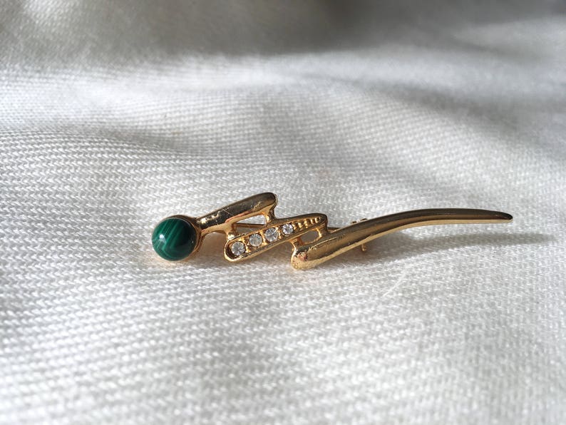 Sleek Vintage Gold Tone Abstract Lightning Bold Pizzazz Malachite and Cubic Zirconia Brooch Pin image 1