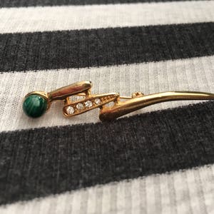 Sleek Vintage Gold Tone Abstract Lightning Bold Pizzazz Malachite and Cubic Zirconia Brooch Pin image 9