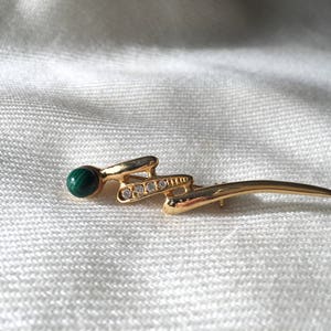 Sleek Vintage Gold Tone Abstract Lightning Bold Pizzazz Malachite and Cubic Zirconia Brooch Pin image 10