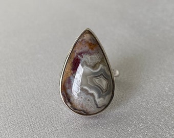 Mesmerizing Teardrop Laguna Lace Agate Sterling Silver Ring Size 7