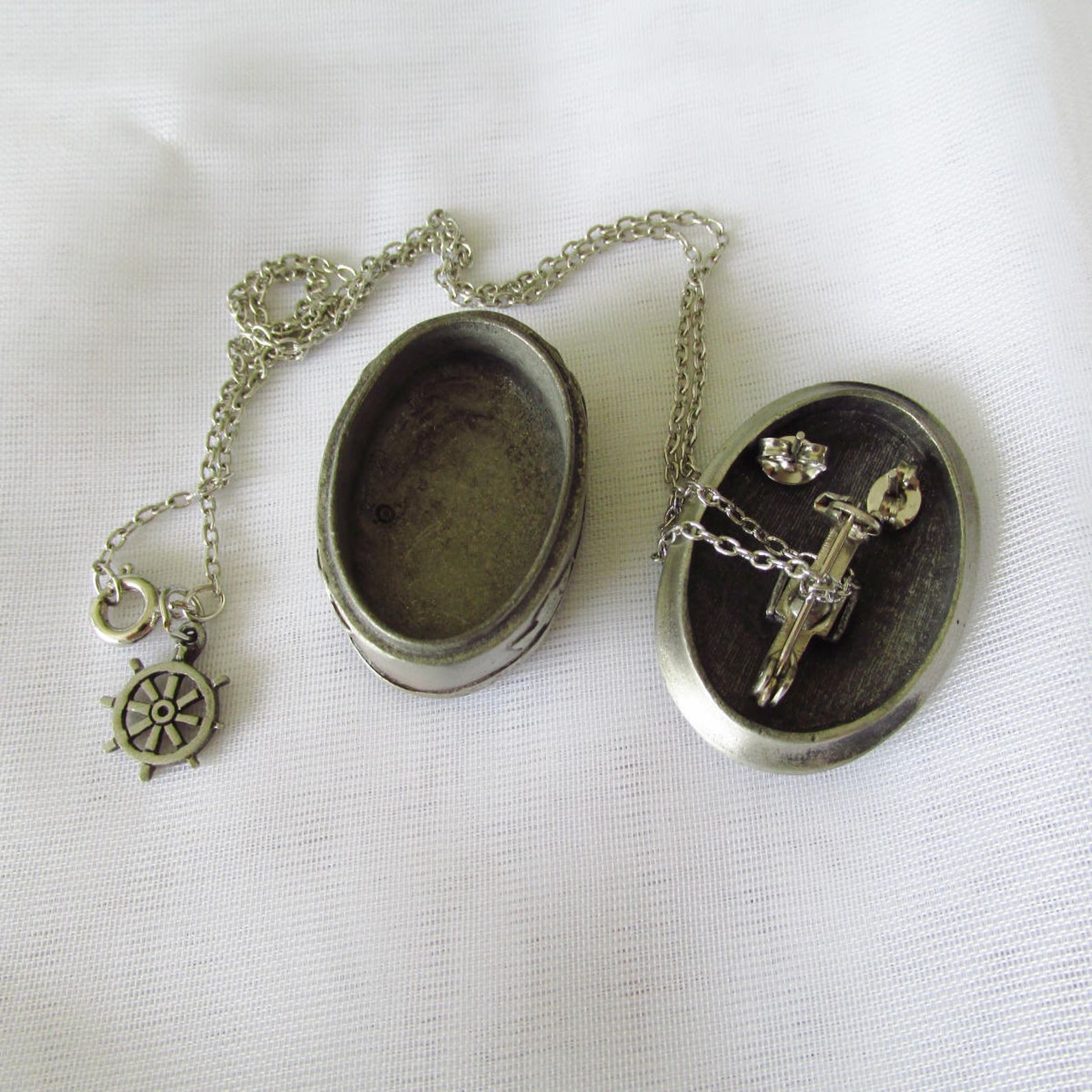 Vintage Nautical AJR CO Pewter Trinket Box Earring Necklace Etsy