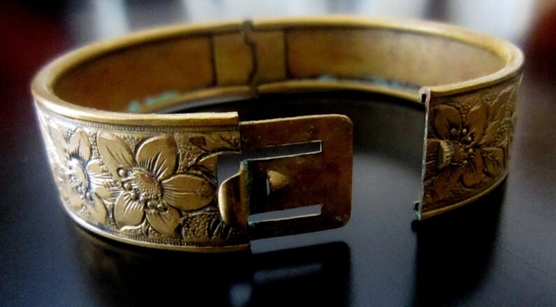 Antique Victorian Embossed Brass Floral Motif Hinged Cuff Bracelet