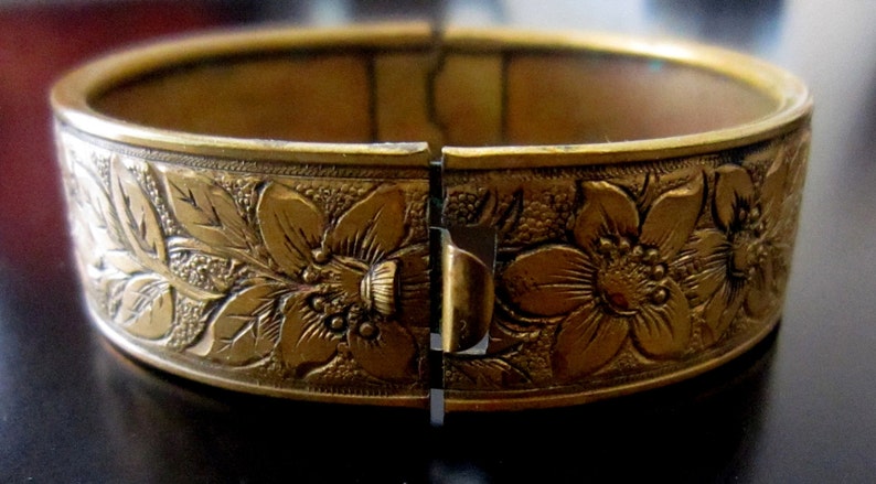 Antique Victorian Embossed Brass Floral Motif Hinged Cuff Bracelet