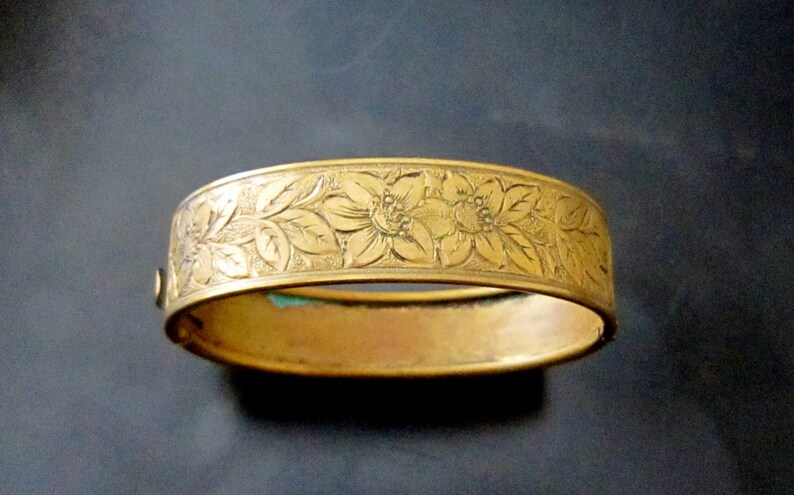 Antique Victorian Embossed Brass Floral Motif Hinged Cuff Bracelet