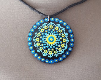 Necklace Chakra colours Unique Mandala designs Handpainted wood slice pendant Three wood slice layers Quirky Wooden Birthday gift.