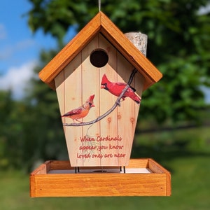 Cardinal Bird Feeder wood grain background.