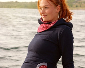 Frauen-Kapuzenpulli, vorteilhaft körperbetont, mit Taschen, aus Öko-Sweat, kuscheliger Damen-Hoodie, S-XL, marine, weiße Punkte auf rot