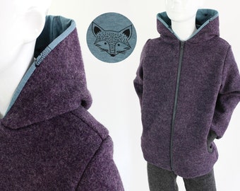 Children's woolen jacket, purple mottled with foxes, made from organic boiled wool, grows with the child for a long time