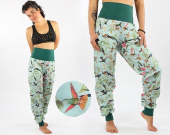 Linen summer trousers, mint green with hummingbirds and green cuffs, with pockets, unisex