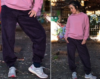 Corduroy trousers plum with navy blue cuffs unisex