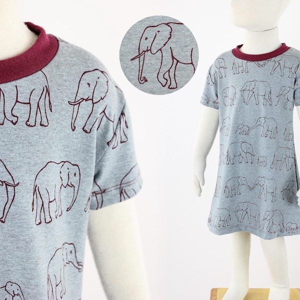 SALE 98/104: Kinder-Shirtkleid grau meliert mit Elefantenfamilie