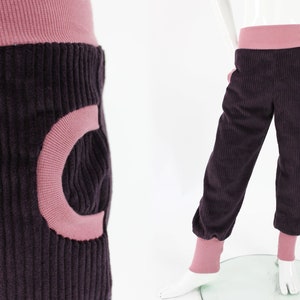 Wide-wale corduroy play pants, purple with pink cuffs