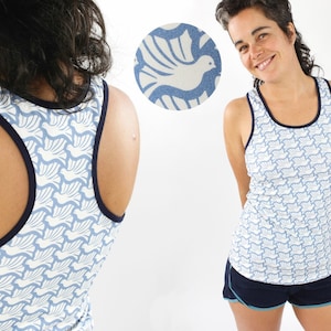 Racerback top with white doves on light blue ORGANIC FABRICS