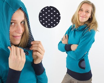 Women's hoodie petrol with dots on blue
