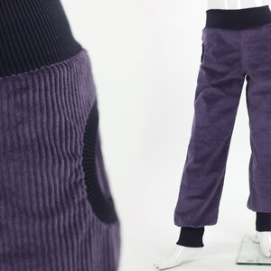Children's wide-wale corduroy trousers in purple & dark blue – Comfortable grow-with-me trousers with pockets – Handmade by fuxandfriends