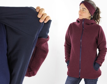 Women's wool jacket in berry and navy