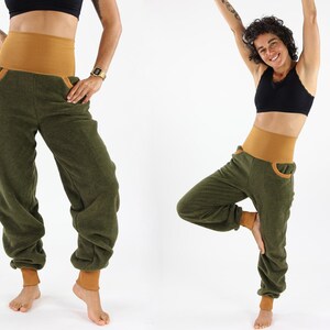 Olive green fleece pants unisex with pockets and belly cuffs