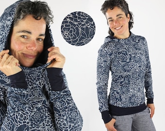 Jersey de verano para mujer, estampado floral azul y blanco, corte ceñido al cuerpo, con capucha, sudadera con capucha para mujer confeccionada en jersey ecológico ligero