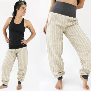 Summer trousers made of woven linen, light beige striped, with pockets, unisex