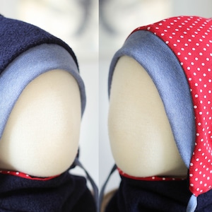 Wool hat and wool scarf set for children and babies, navy with dots on red, reversible, made of wool and eco-jersey image 1