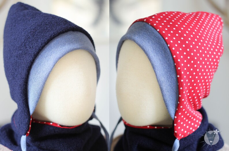 Wool hat and wool scarf set for children and babies, navy with dots on red, reversible, made of wool and eco-jersey image 1