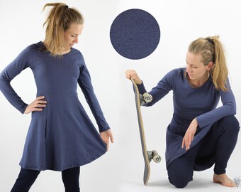 Robe patineuse à manches longues, bleu marine mélangé, robe d'été élégante en jersey écologique