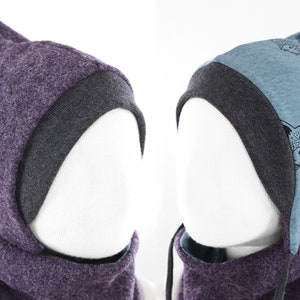Children&#39;s reversible wool hat in mottled purple with foxes
