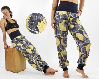 Pantalon d'été en viscose, bleu avec citrons jaunes, avec poches, unisexe