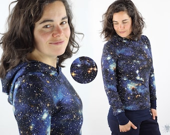 Summer sweater for women, BLUE GALAXY, body-hugging cut, with hood, women's hoodie made of light eco-jersey