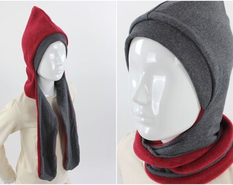 Reversible fleece scarf hat in red and gray mottled