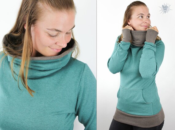 Heather Sweater, Pocket Warming, and Tan Kangaroo Hand for Etsy Collar Green, Women\'s Snuggling Sweatshirt for With High S-XL, - Heather