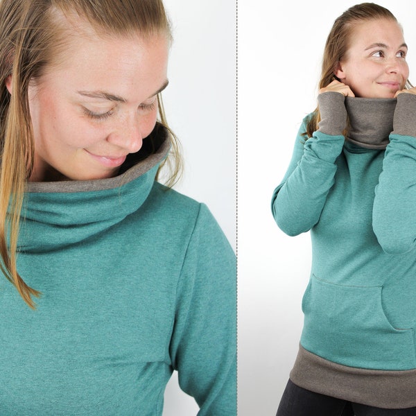 Kängupulli für Frauen, Sweatshirt mit hohem Kragen zum Einkuscheln und Tasche zum Händewärmen, S-XL, grün meliert, hellbraun meliert
