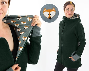 Women's wool jacket dark green with foxes