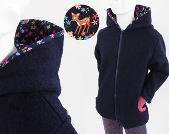 Children's navy blue wool jacket with deer, made of eco-friendly wool, grows with you for a long time