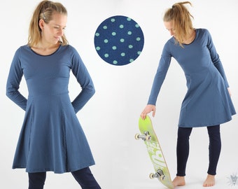 Skater dress with long sleeves, turquoise dots on dark blue, elegant summer dress made of eco-jersey