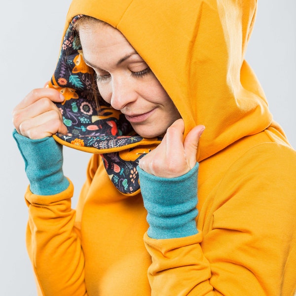 gemütlicher Frauen-Kapuzenpulli, vorteilhaft körperbetont, mit Taschen, aus Öko-Sweat, kuscheliger Damen-Hoodie, S-XL, gelb, Mohn-Fuchs